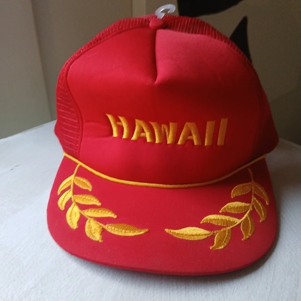 Hawaii Snapback Hat Foam Front Red Trucker Leaves Rope Cap Unisex Adult VTG